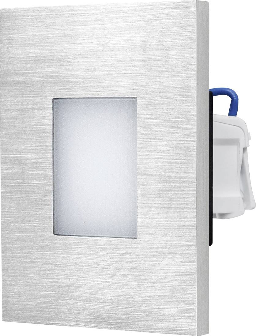 Wandleuchte aus gebürstetem Metall mit mattiertem rechteckigem Diffuser und sichtbarem blauem Stromkabel/Stecker auf der Seite.