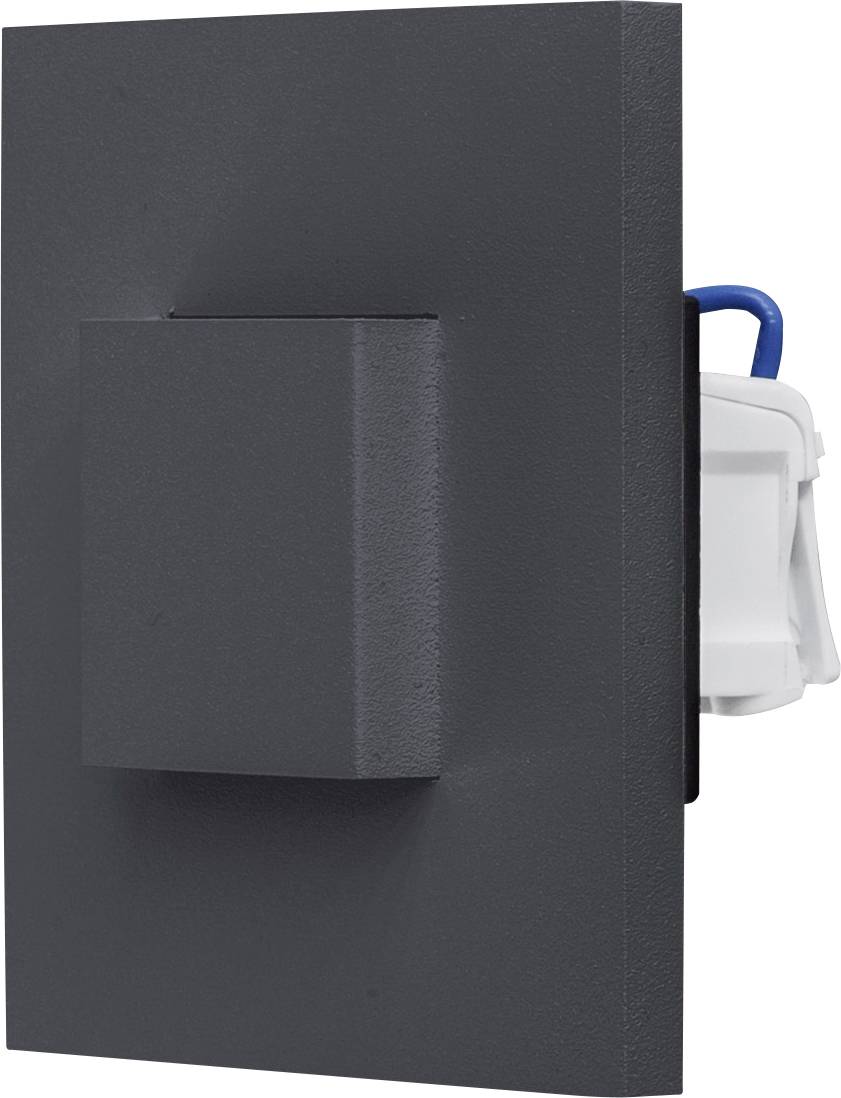 Dunkelgraues, wandmontiertes elektrisches Schaltschrank mit vorstehendem Frontkasten und sichtbarem weißem Gerät mit blauem Griff an der Seite.