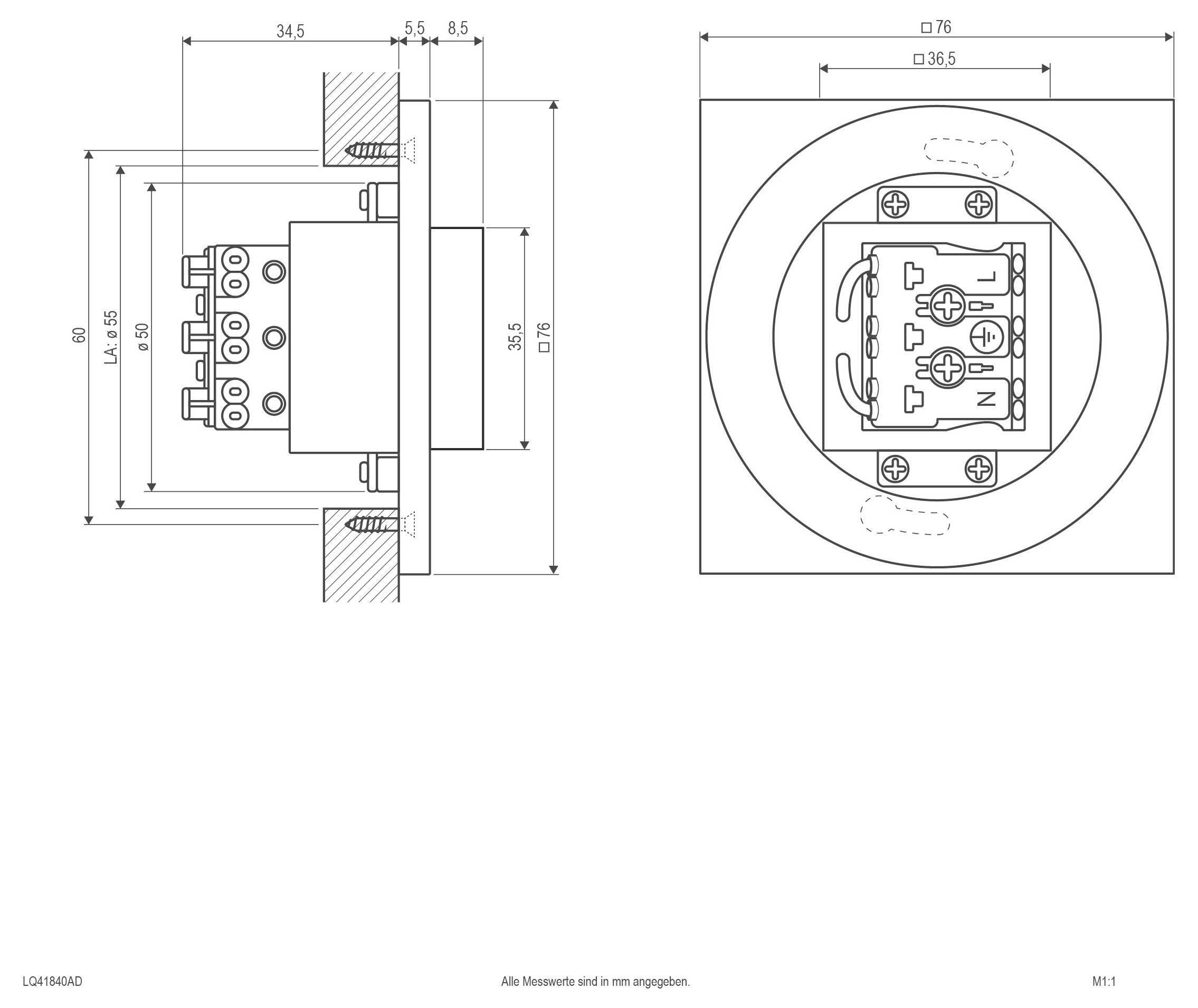 Technische Maßzeichnung einer runden, eingelassenen LED-Deckenleuchte und separaten LED-Stromversorgung, mit Ansichten von oben, von der Seite und von vorne mit Abmessungen in Millimetern.
