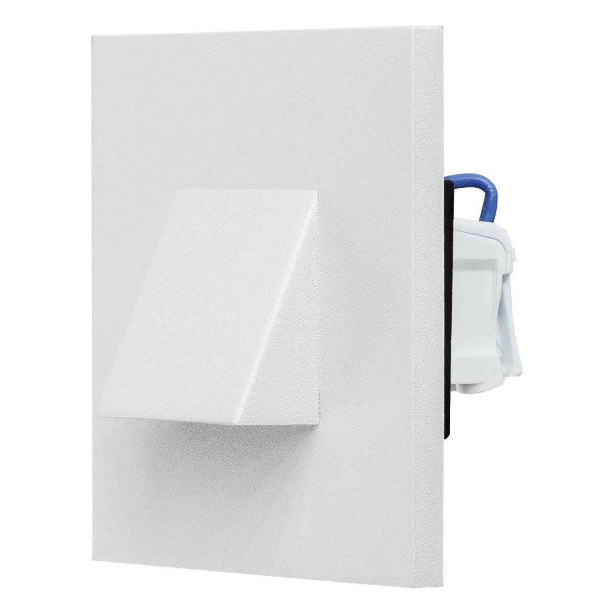 Ein weißer Wand-Lautsprecher mit abgeschrägter Front, Rückseite sichtbar mit blauen und weißen Kabeln.