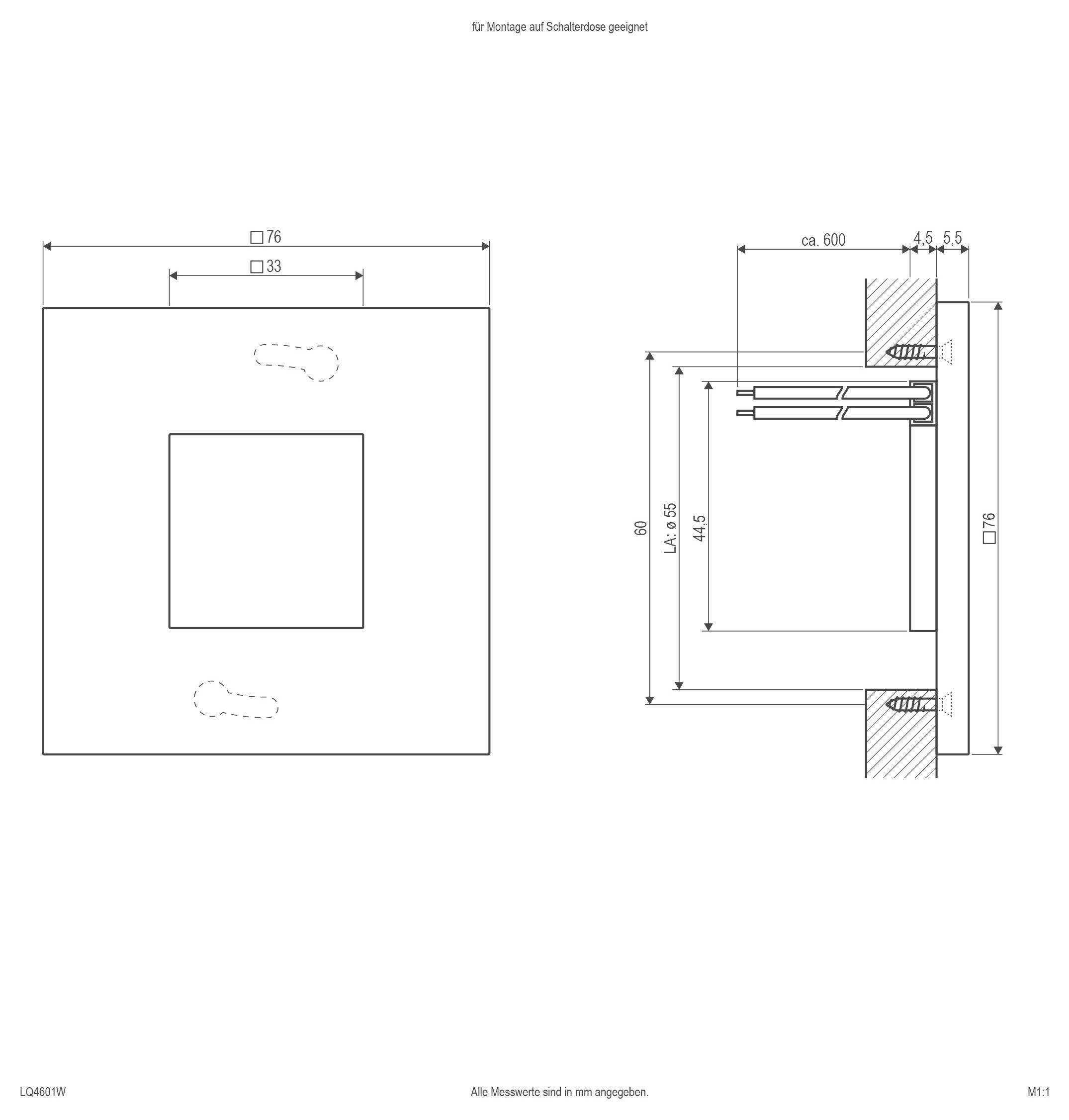 Technisches Diagramm eines wandmontierten quadratischen Panels mit Front- und Seitenansicht mit Abmessungen und Montagepunkten, beschriftet für die Installation auf einer Schalter-/Abdeckungsplatte.