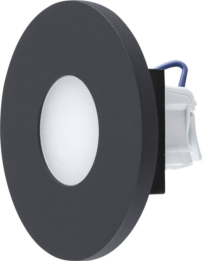Ein runder, schwarzer LED-Deckeneinbauspot mit weißem, beleuchtetem Mittelteil und Kabel auf der Rückseite, seitlich gezeigt.