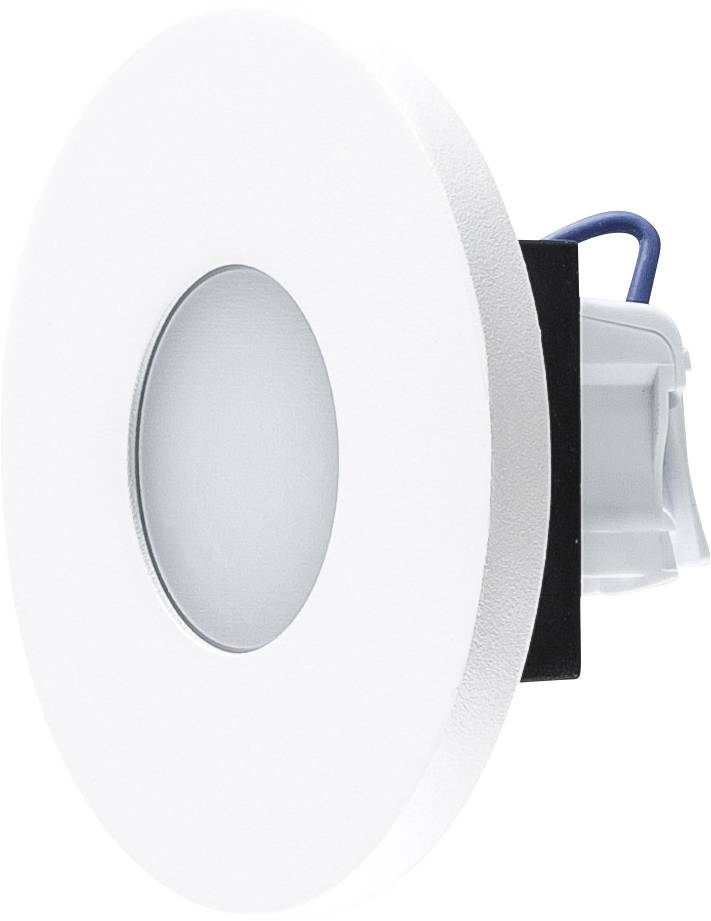 Runde LED-Einbauleuchte mit weißer Blende und mattiertem Mittelteil, seitlich vor weißem Hintergrund dargestellt.