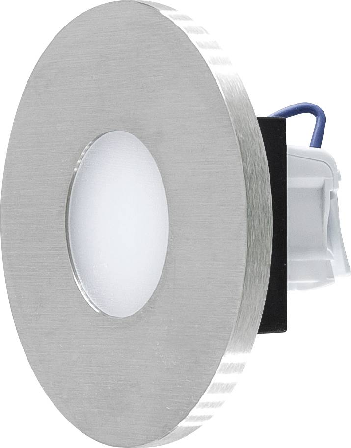 Ein runder, silberner Einbaustrahler mit zentralem LED-Licht. Das Licht ist eingeschaltet und ein blaues Kabel ist sichtbar.