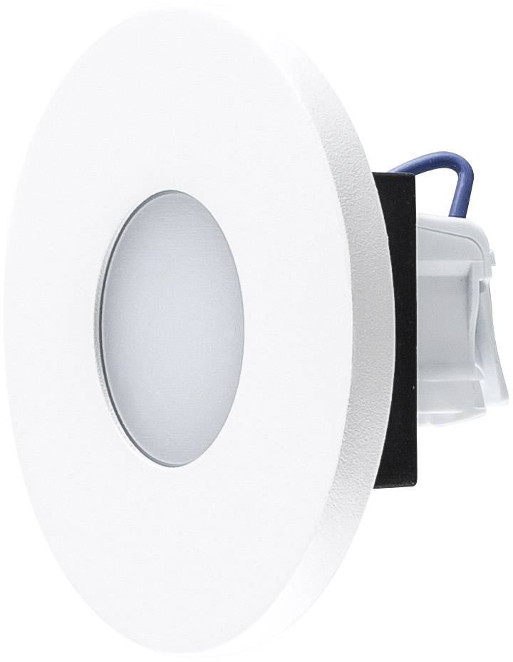 Ein runder, weißer LED-Einbaustrahler mit einem zentralen, matten Glasdiffusor und blauen Anschlusskabeln auf der Rückseite.