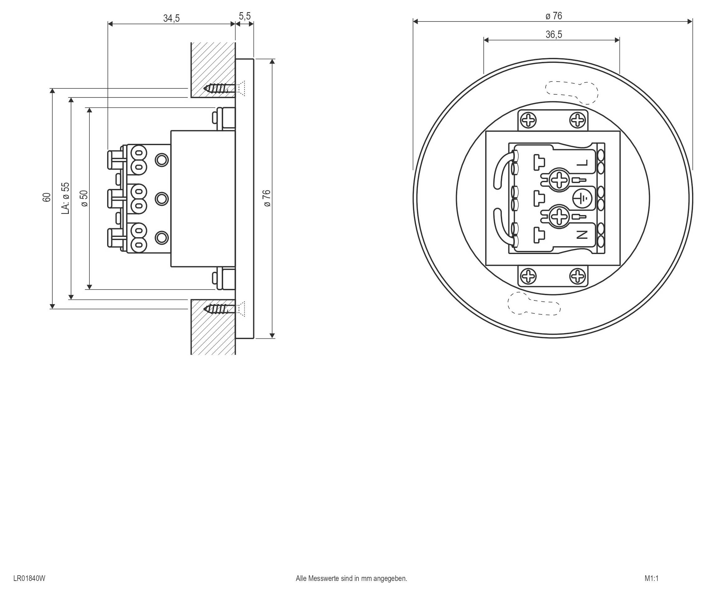 Technische Zeichnung eines runden Wandschalters oder einer Steckdose, die Vorder- und Seitenansichten mit Abmessungen in Millimetern zeigt.