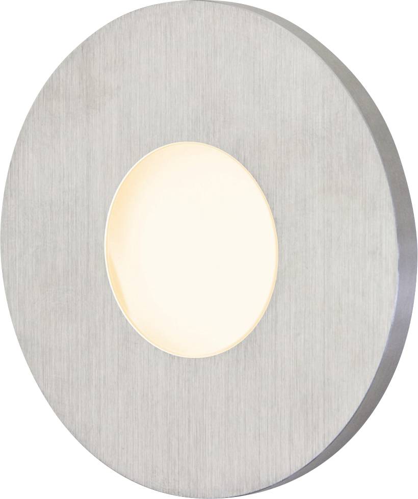 Runde silberne Wandleuchte mit zentralem leuchtenden Kreis, modernes Design, geeignet für Innenbeleuchtung.