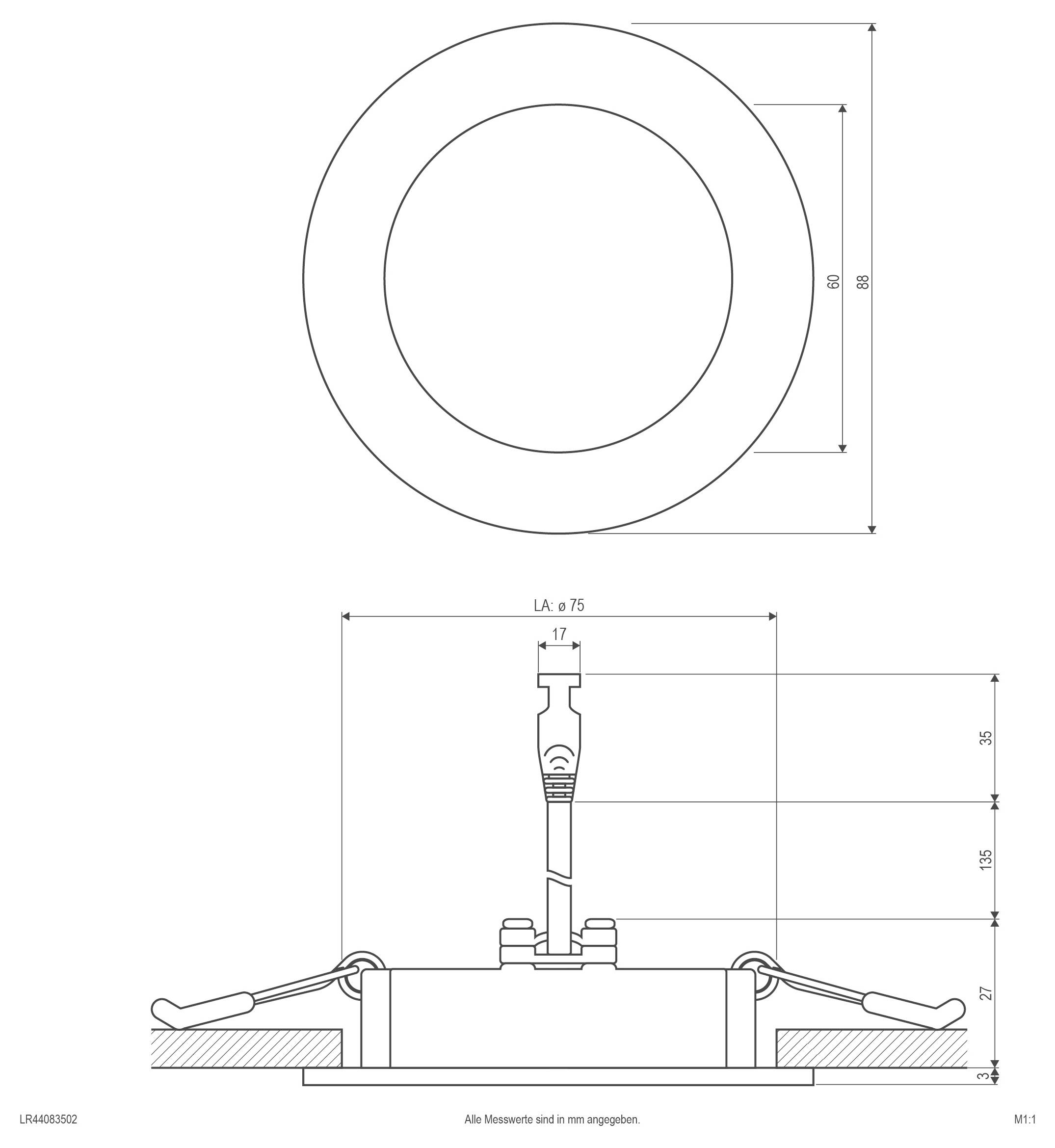 Technische Zeichnung einer kreisförmigen eingelassenen Leuchte mit Draufsicht, die die Außen- und Innendurchmesser zeigt, und Seitenansicht, die die Federclips und Abmessungen zeigt.