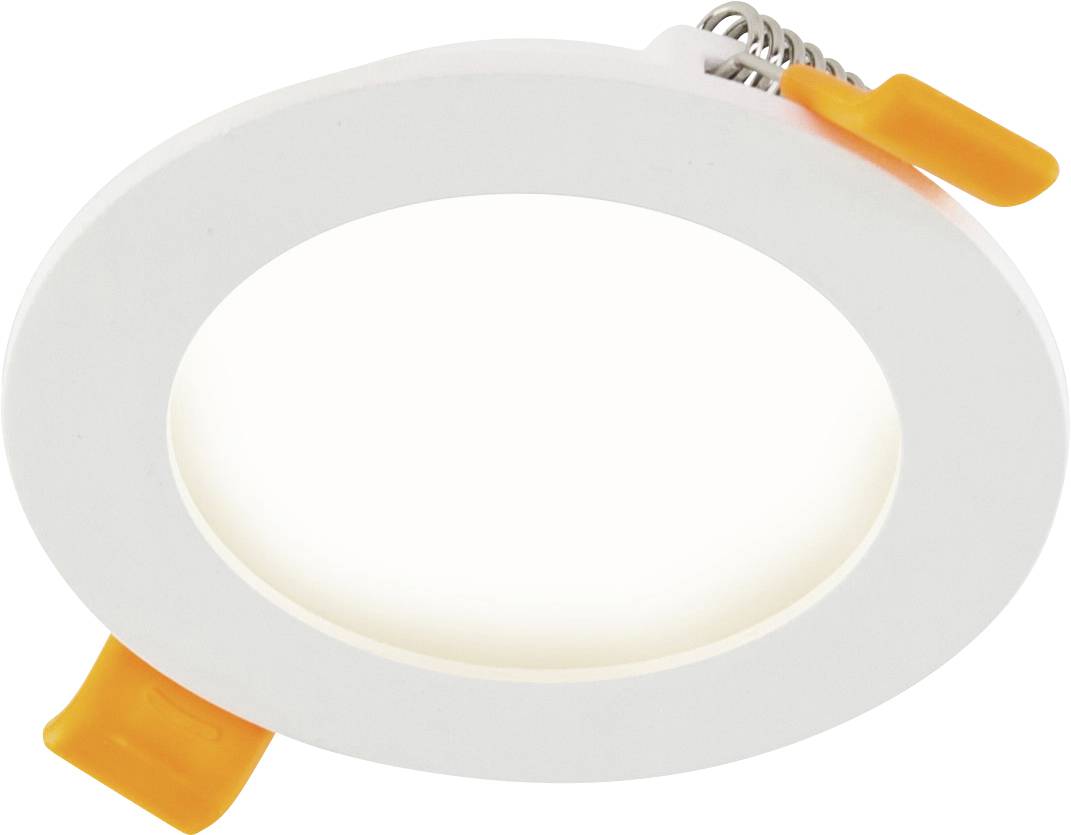 Runde weiße LED-Deckenleuchte mit Einbau und orangenen Federklemmen, dargestellt in Produktansicht auf weißem Hintergrund.
