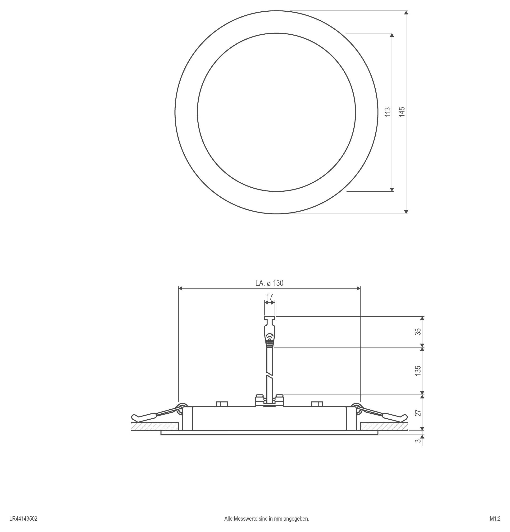 Technische Maßzeichnung einer kreisförmigen Einbauarmatur mit Draufsicht und Seitenansicht mit Abmessungen: Außendurchmesser 145, Innendurchmesser 113, Gesamtlänge 130, Höhe 35.