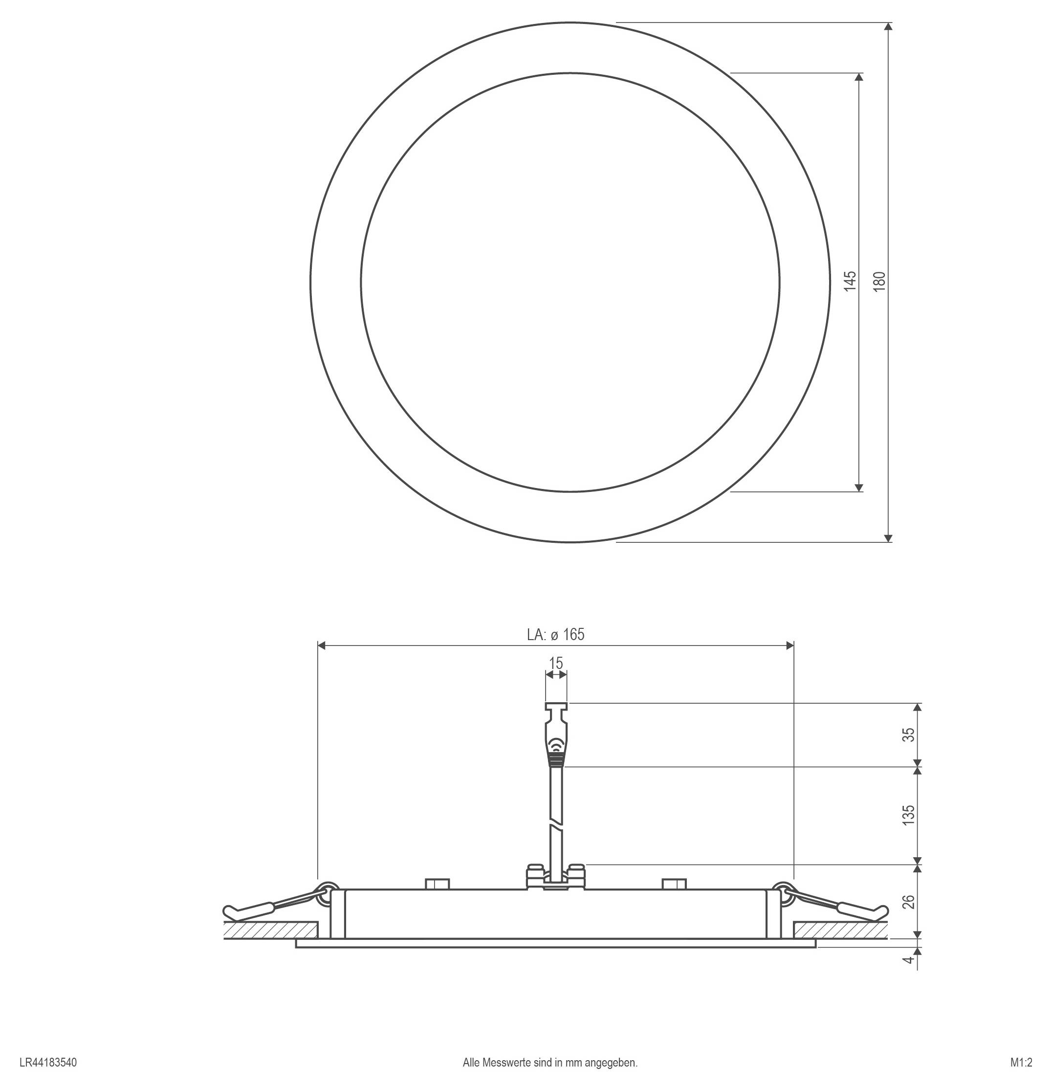 Technische Zeichnung einer kreisförmigen Leuchte: Die Draufsicht zeigt einen Außendurchmesser von 180 und einen Innendurchmesser von 145, die Seitenansicht zeigt die Einbautiefe und Abmessungen.