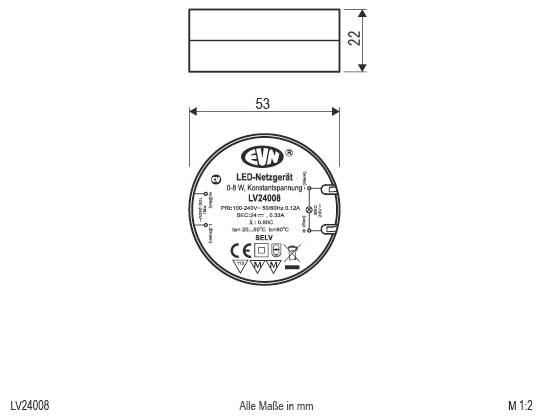 Technische Zeichnung einer eingelassenen quadratischen LED-Einbauleuchte, mit Ansichten von vorn, von der Seite und Verdrahtungsabmessungen in Millimetern.