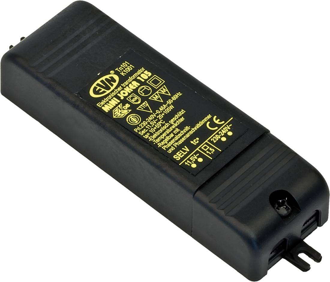 Schwarzer Stromadapter/Ladegerät mit gelbem Sicherheitsetikett und zweipoliger Steckdose