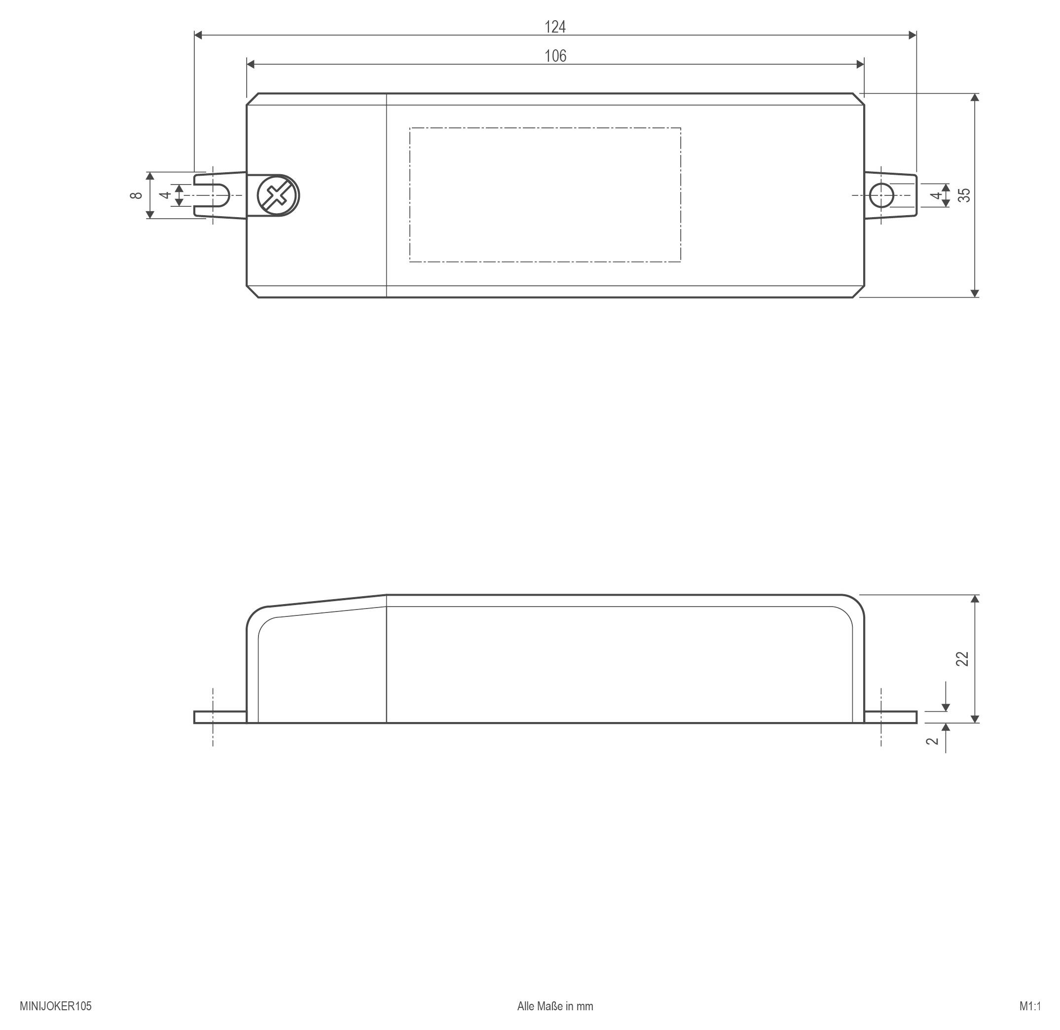 Technische Zeichnung mit Maßen eines rechteckigen Geräts, zeigt Draufsicht und Seitenansicht mit Befestigungslaschen und Abmessungen in Millimetern.