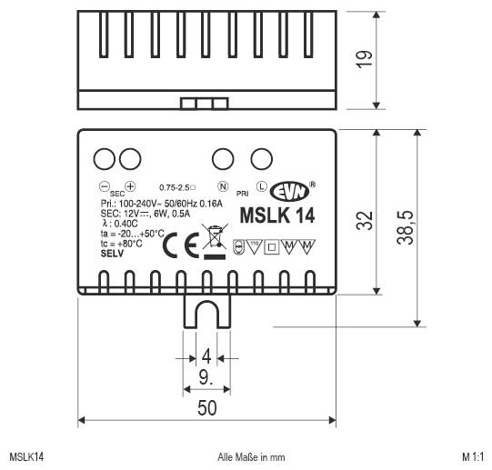 Technische Zeichnung eines EVN PLD6534 LED-Netzteils mit Abmessungen in mm und Beschriftungen 'IP65', 'SELV', 700mA, 22-44W und 220-240V AC.