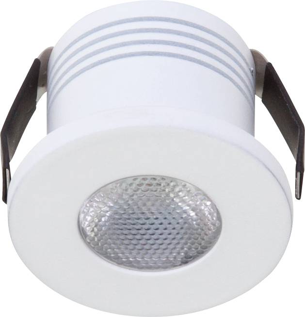 Weiße LED-Einbauleuchte mit rundem Rahmen und reflektierendem Inneren, geeignet für Deckeninstallationen.