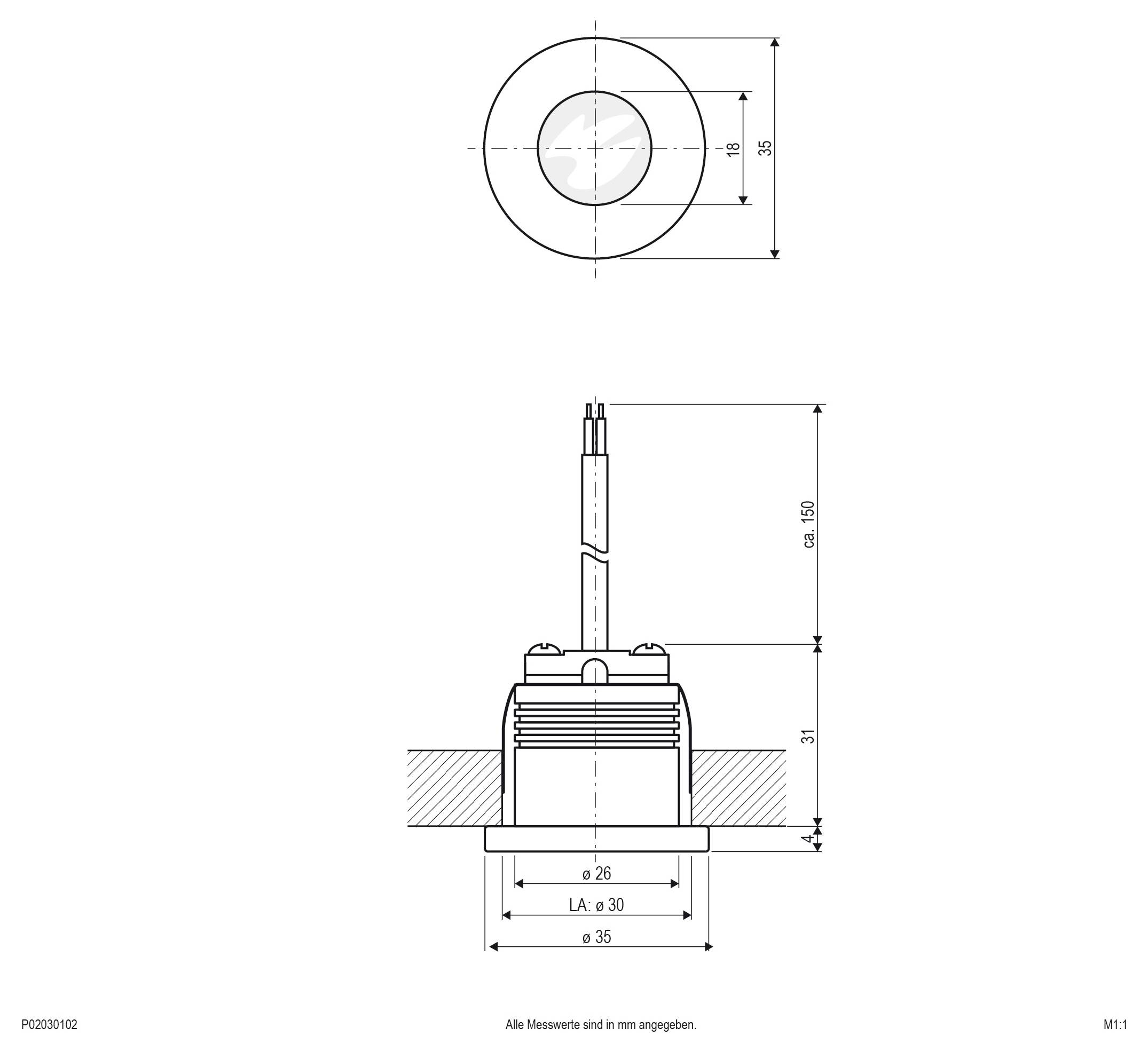 Technische Maßzeichnung eines zylindrischen Sensors oder Steckers mit Draufsicht und Seitenansicht sowie Abmessungen einschließlich 35 mm Durchmesser, 30 mm Bohrung, 150 mm Gesamtlänge und 31 mm Einbauviefe.