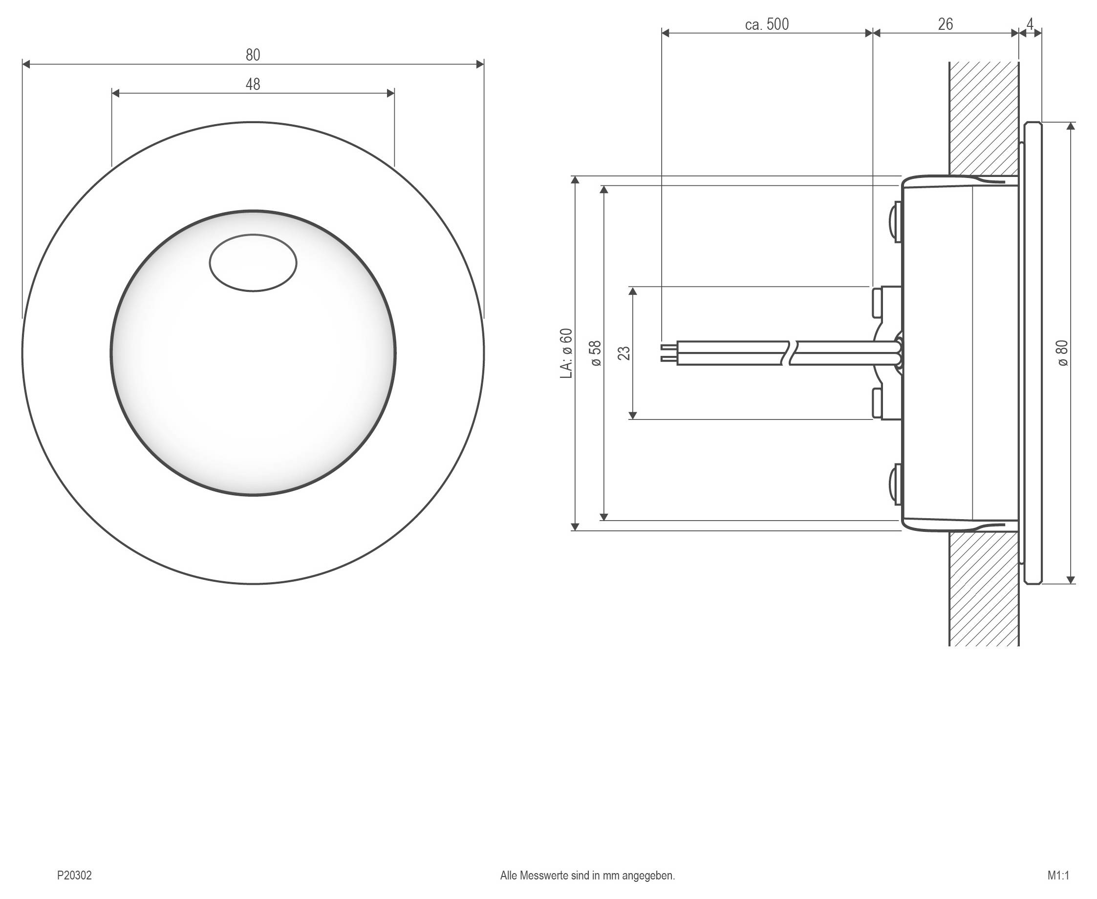 Technische Zeichnung einer runden, wandmontierten Armatur mit Vorder- und Seitenansicht einschließlich Abmessungen, mit 80 mm Durchmesser und 500 mm Ausladung.