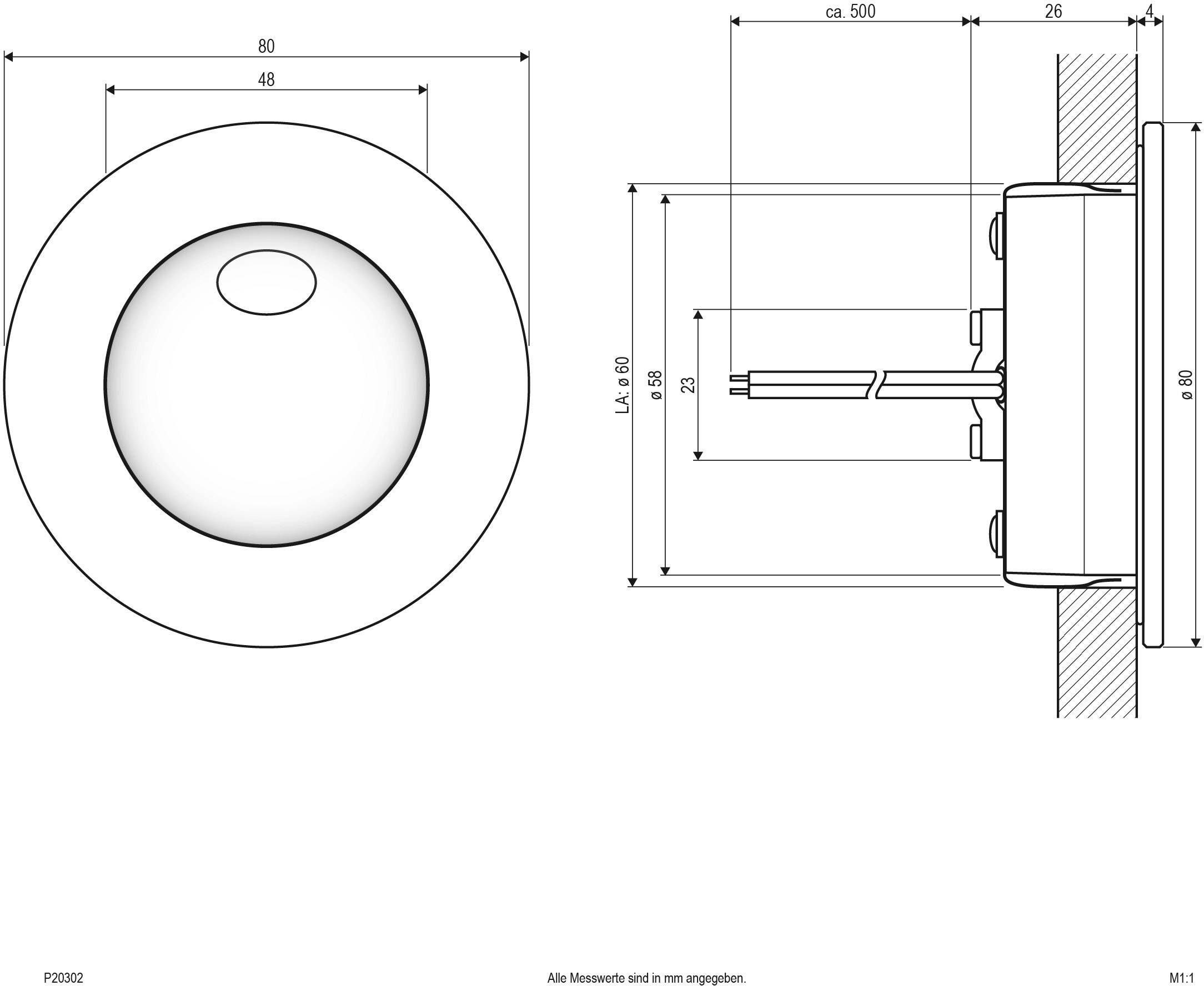 Technische Zeichnung eines runden Objekts mit Maßen. Zeigt Draufsicht und Seitenansicht, Maße 80 mm Durchmesser, 48 mm Tiefe.