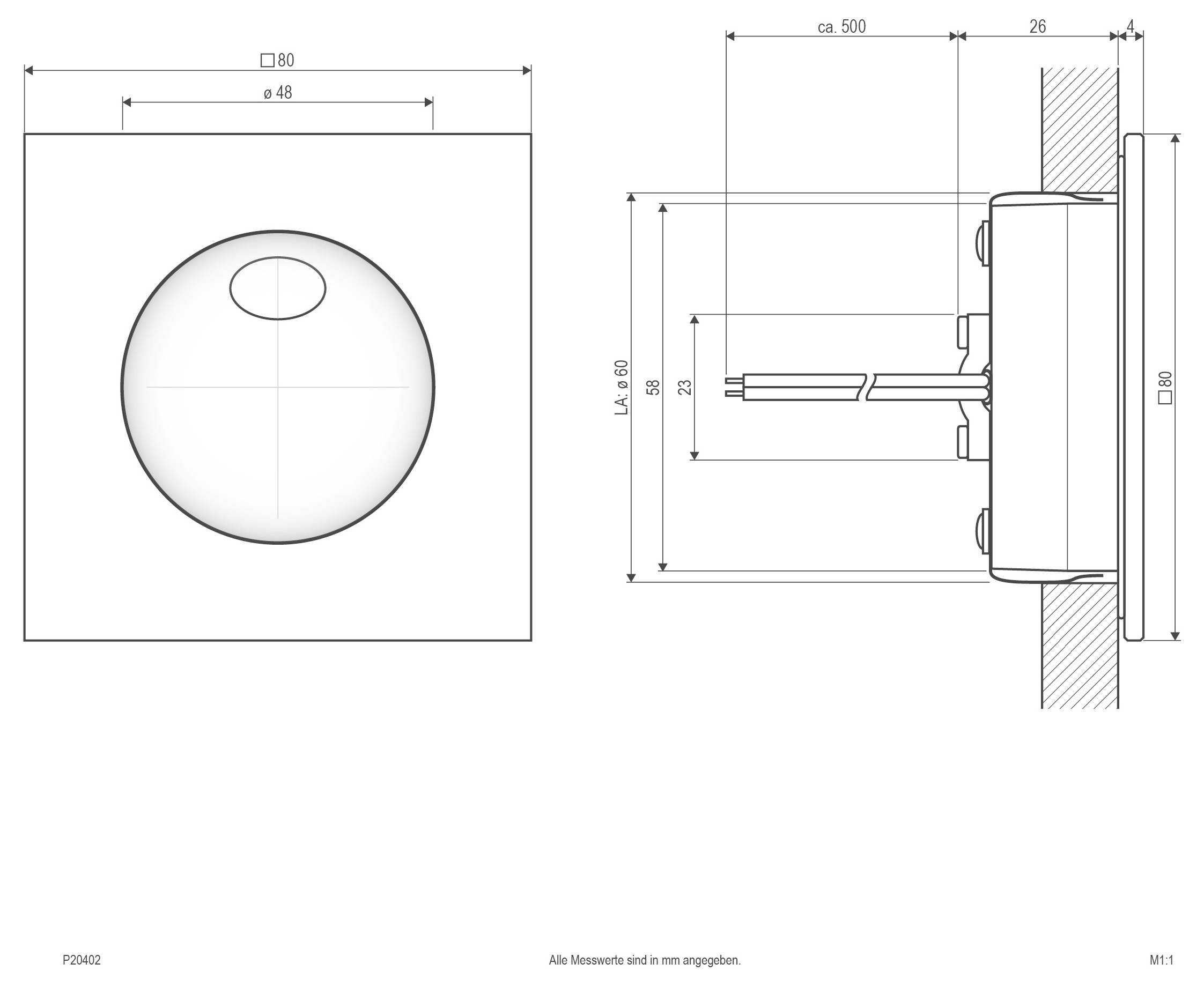 Technische Maßstabszeichnung eines runden wandmontierten Geräts, das Frontal- und Seitenansichten mit Abmessungen einschließlich einer Breite von 80 mm und einer Tiefe von etwa 500 mm zeigt.