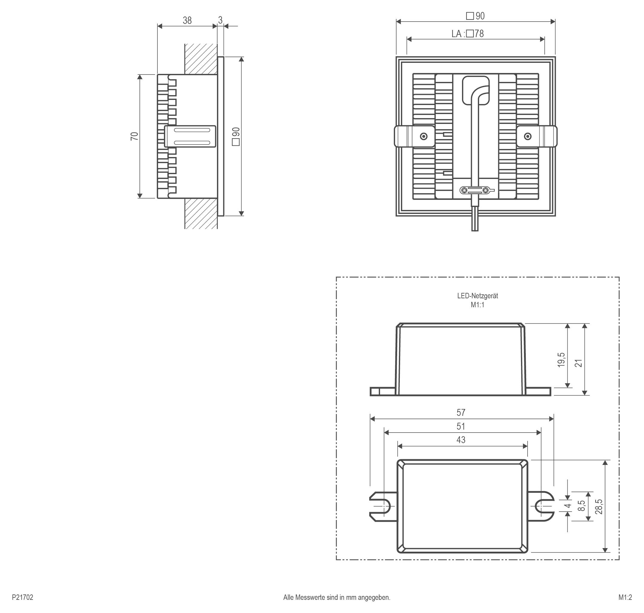 Technische Zeichnung einer quadratischen LED-Panelleuchte mit Vorder- und Seitenansicht, die Abmessungen, Einbautiefe und Ausschnittsgröße in Millimetern zeigt.
