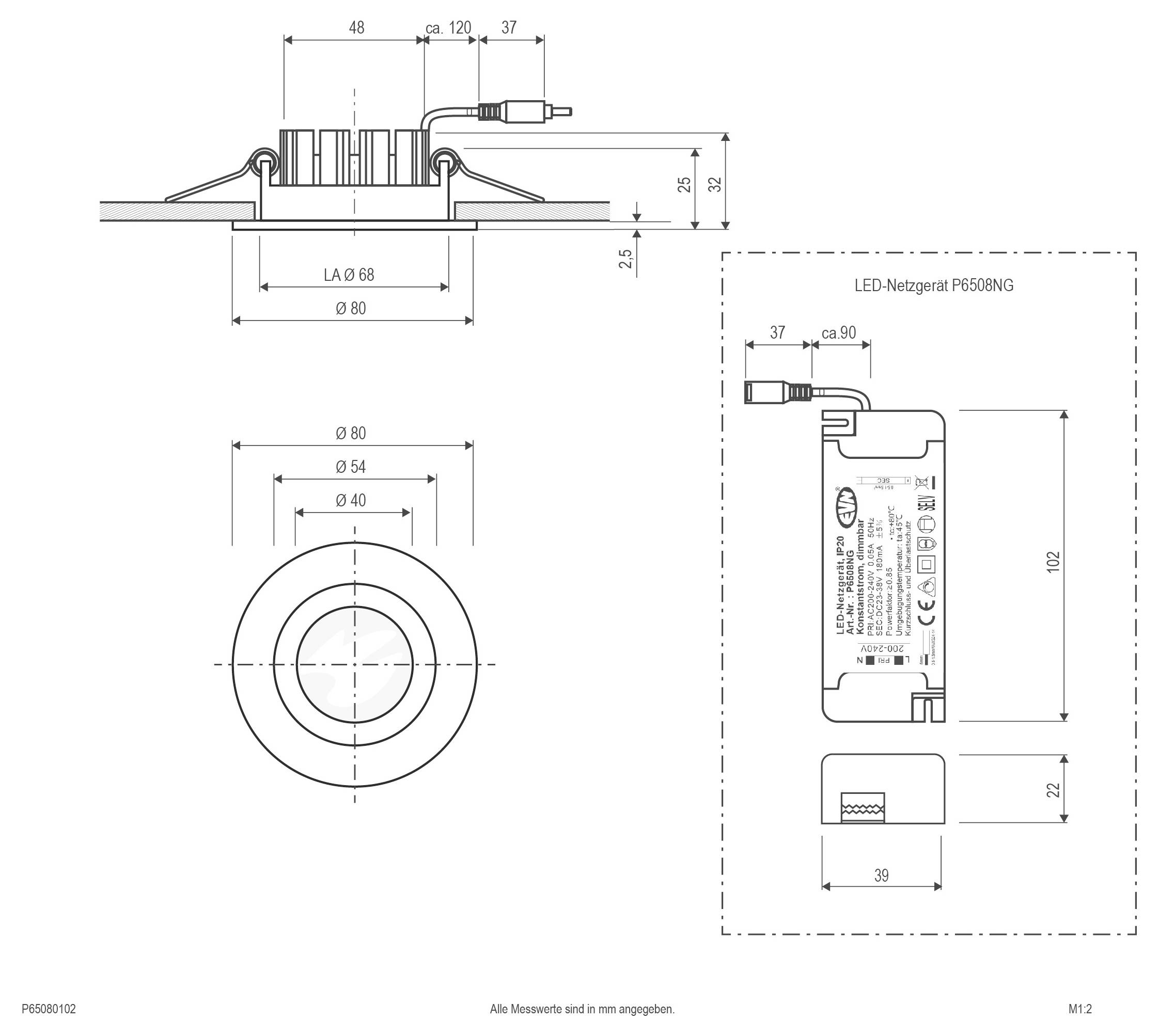 Technische Maßzeichnung einer runden LED-Einbauleuchte und ihres Treibers, mit Vorder-, Seiten- und Treiberansichten sowie Maßen in Millimetern.