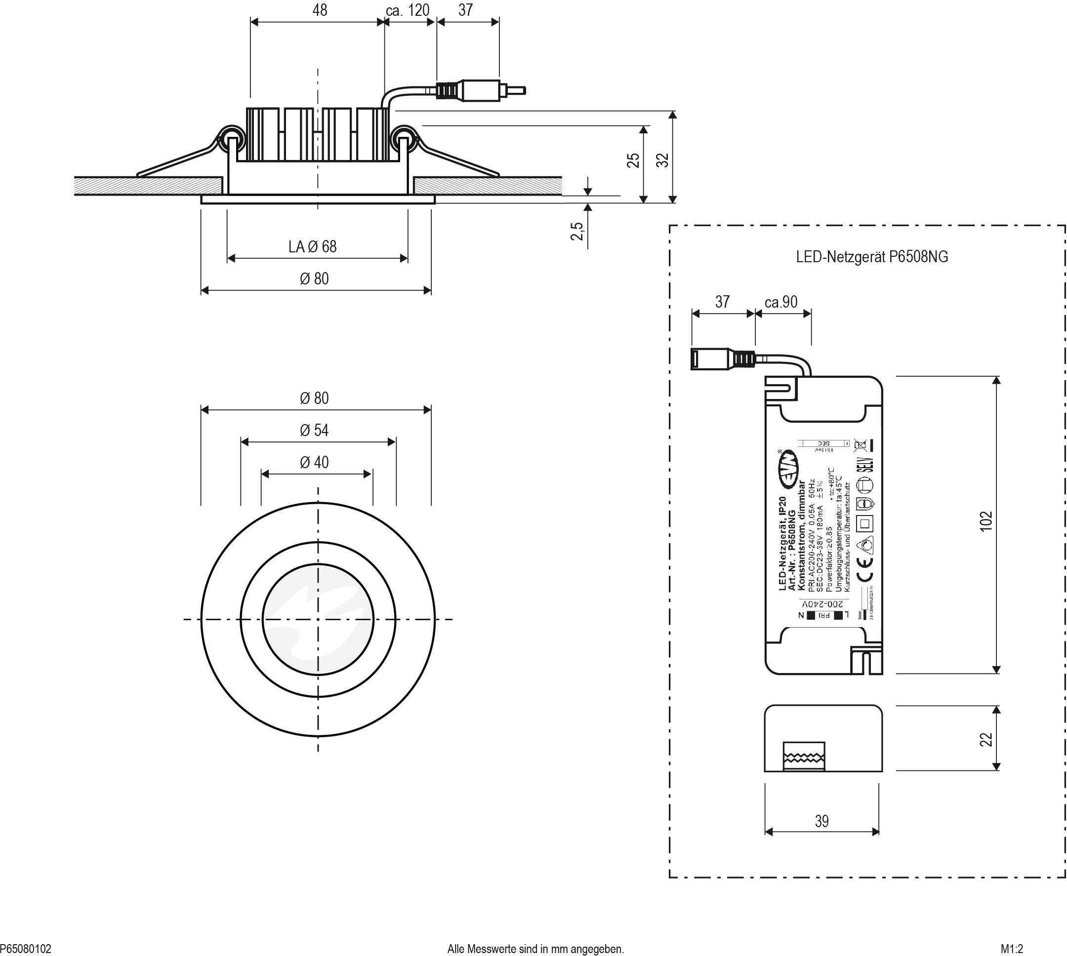 Technische Zeichnung einer LED-Leuchte mit Maßen und einem LED-Netzgerät. Detaillierte Abmessungen und Anschlussdiagramm sind abgebildet.