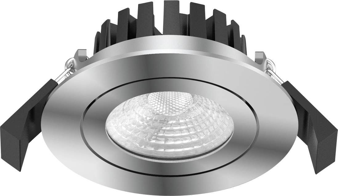 Einbauspot aus silbernem Metall mit justierbarer schwarzer Halterung, zentral platziertes Glas mit LED-Lichtquelle.
