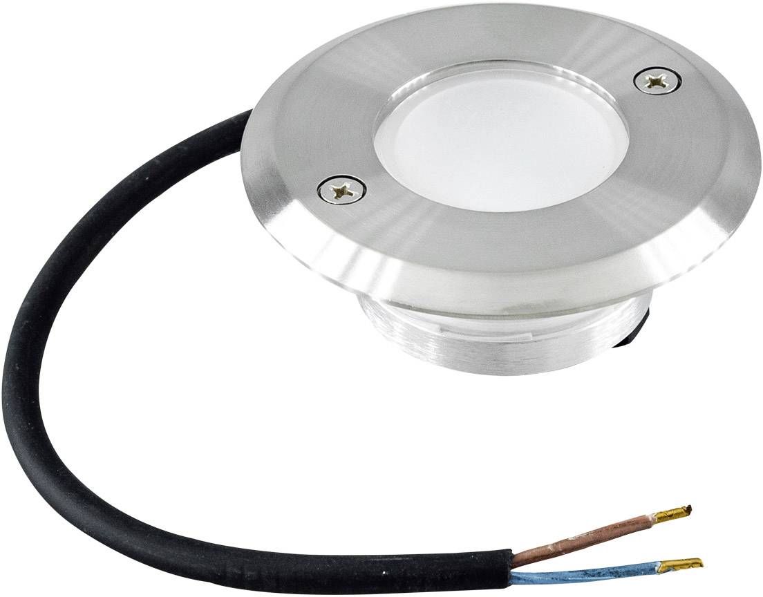 Runde Einbauleuchte aus Metall mit einer weißen Abdeckung und einem angeschlossenen, freiliegenden Kabel zur Stromversorgung.