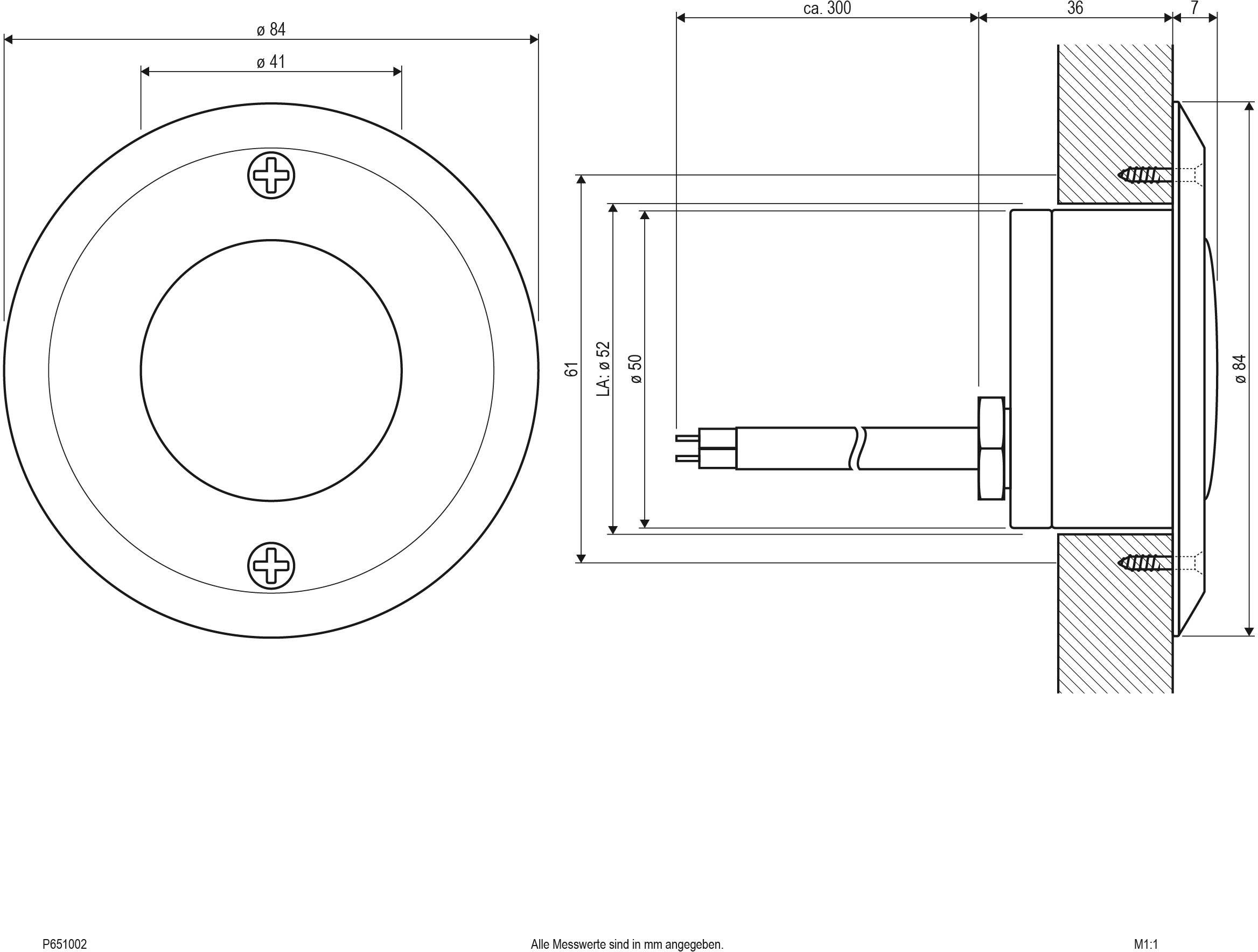 Technische Zeichnung eines runden elektrischen Bauteils mit Abmessungen in Millimetern. Darstellung von Vorder- und Seitenansicht.