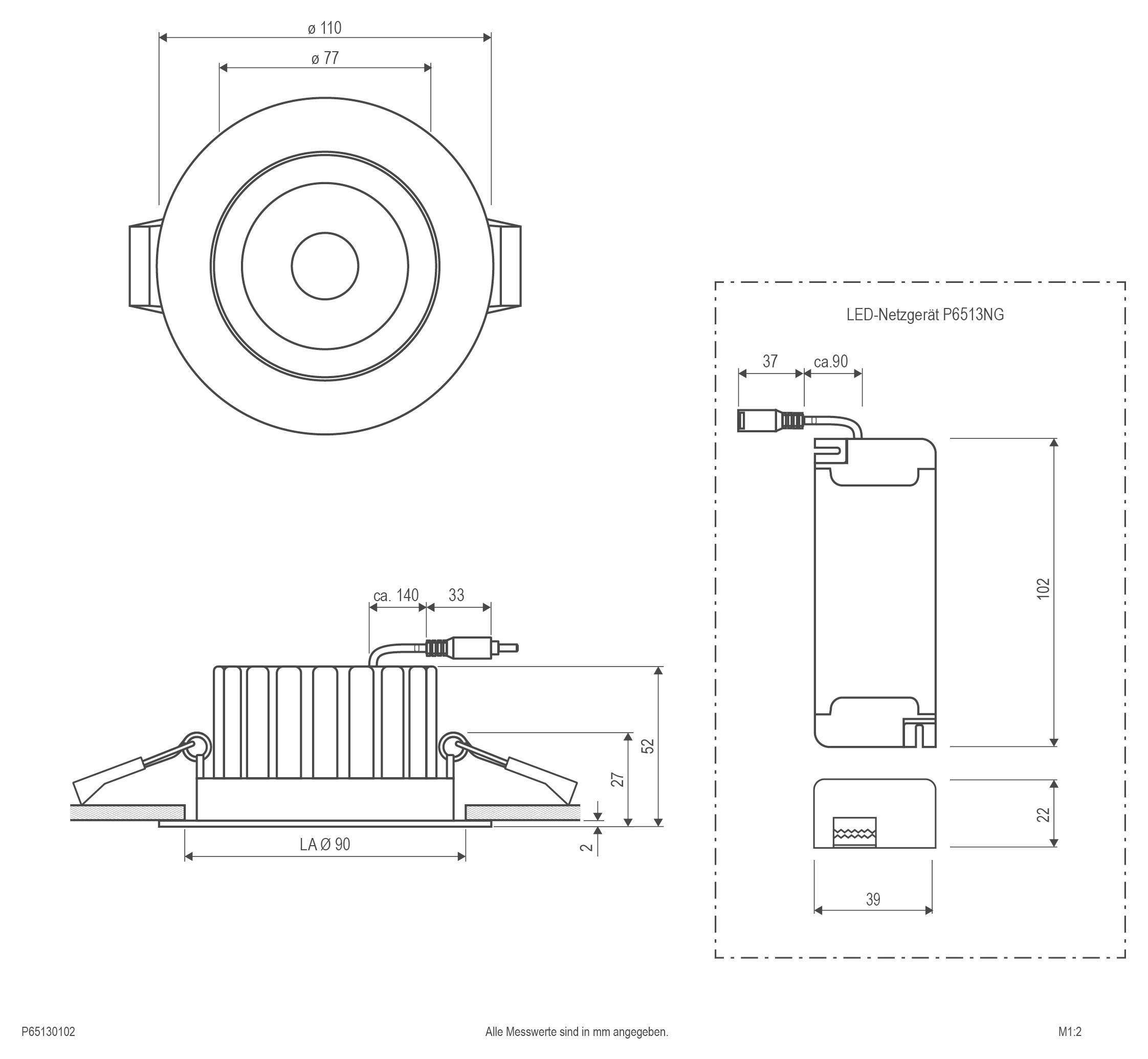 Technische Maßstabzeichnung eines LED-Strahlers mit Draufsicht, Seitenansicht und Vorderansicht mit Abmessungen in Millimetern und Beschriftungen für die Vorrichtungsgröße.