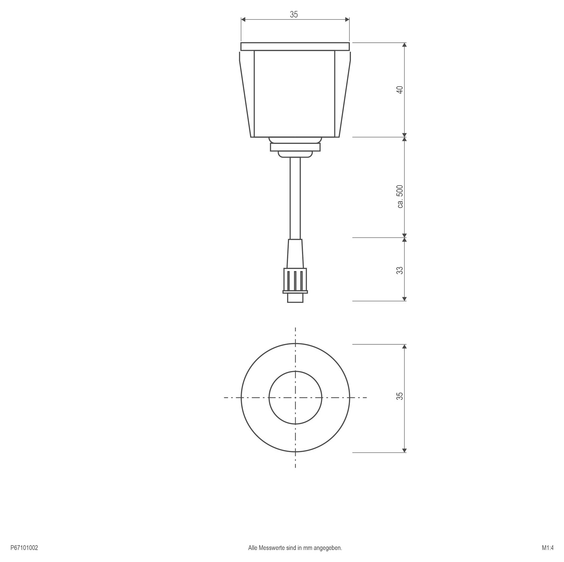 Technische Zeichnung eines zylindrischen Sensors oder einer Sonde mit Kabel, zeigend Vorder- und Draufsicht sowie Abmessungen in Millimetern.