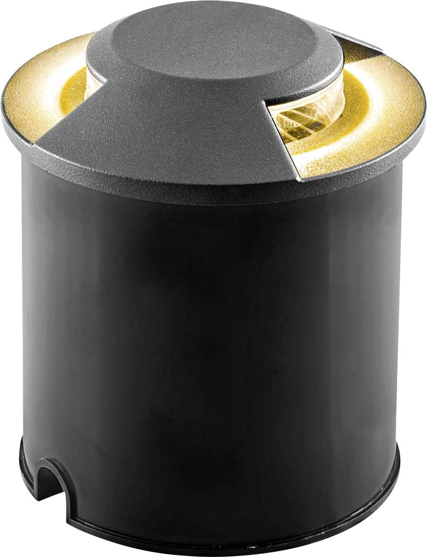 Schwarze zylindrische Außenbodenleuchte mit dunklem Schutzhaube-Oberteil und warmem Glühlicht, das durch seitliche Öffnungen sichtbar ist.