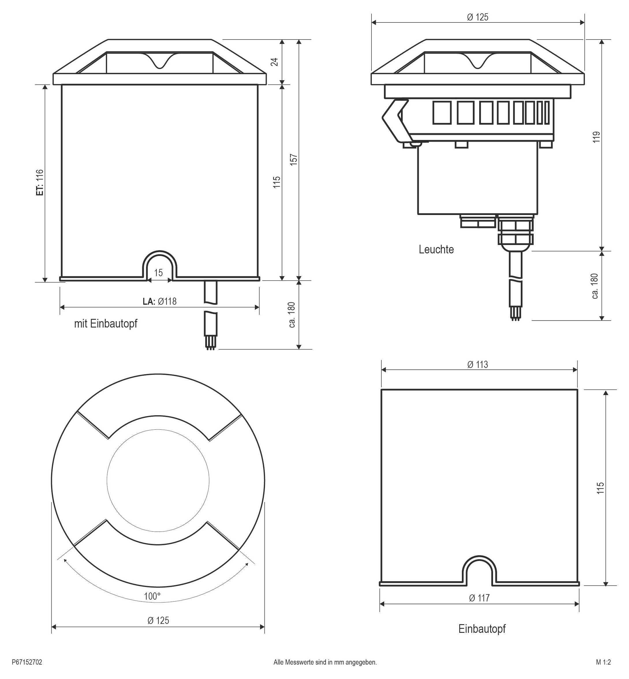 Technische Zeichnung einer zylindrischen Leuchte mit Draufsicht und Seitenansicht, die die Abmessungen für die Leuchte und die Einbaunische mit den Bezeichnungen 