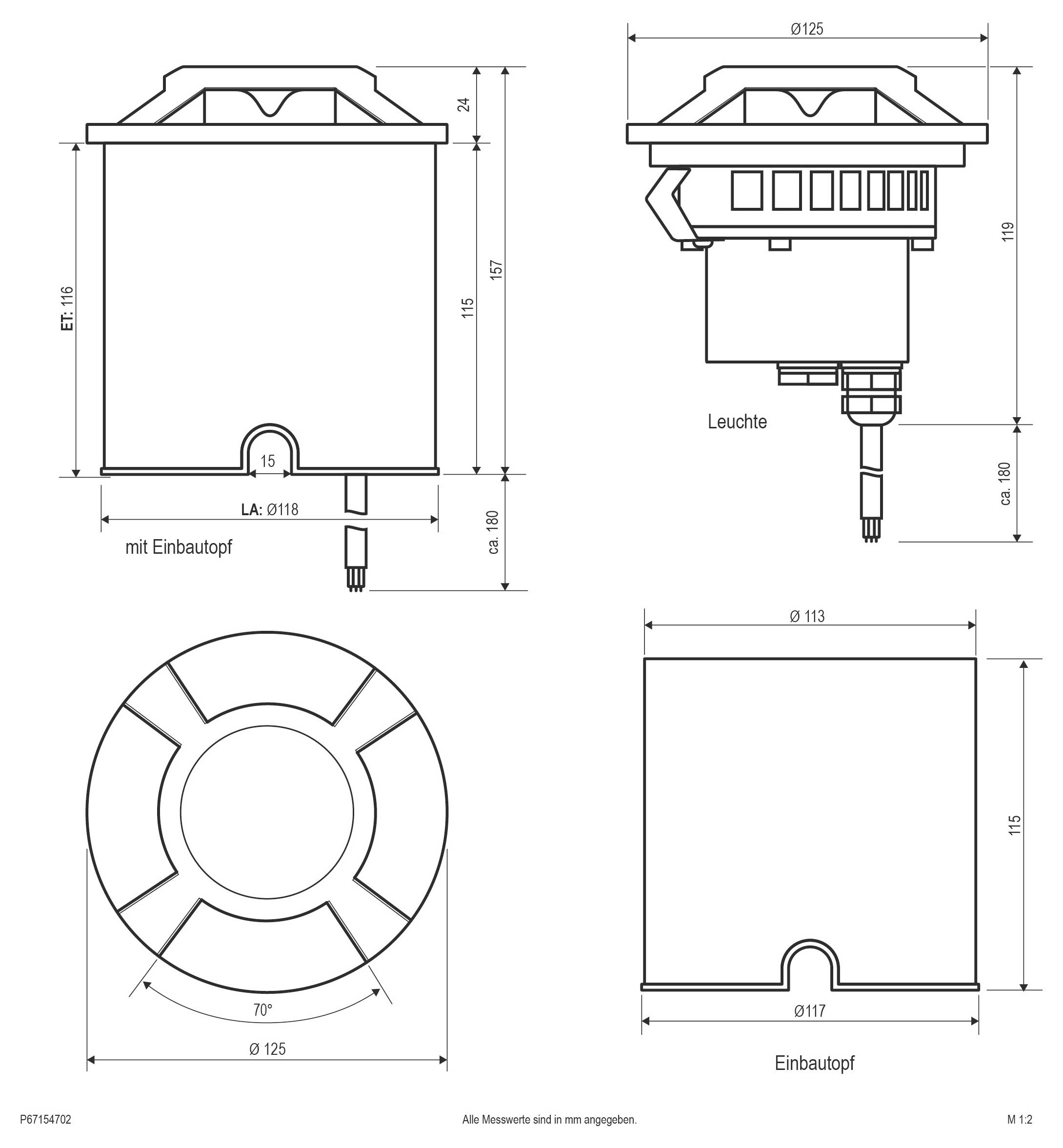 Technische Strichzeichnung einer kreisförmigen Leuchte mit Draufsicht, Seitenansicht und Vorderansicht, die Abmessungen und Installationsgrößen in Millimetern zeigt.