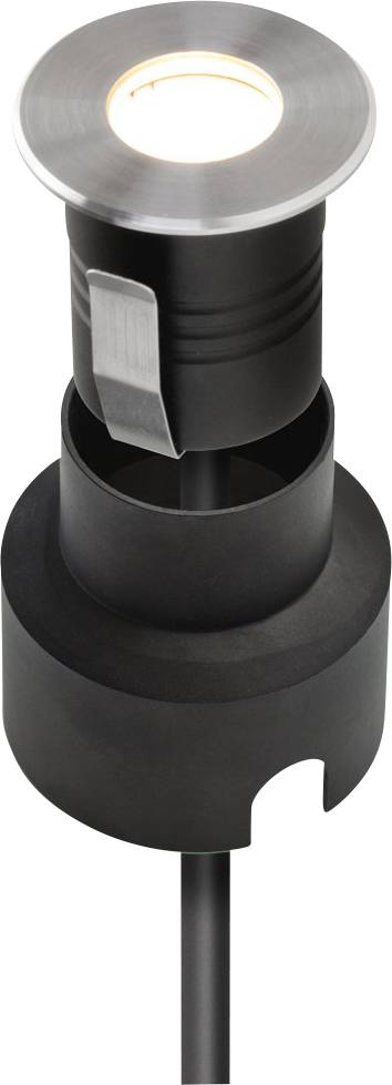 Einbauleuchte mit runder Edelstahlblende und schwarzem Gehäuse, geeignet für den Außenbereich.