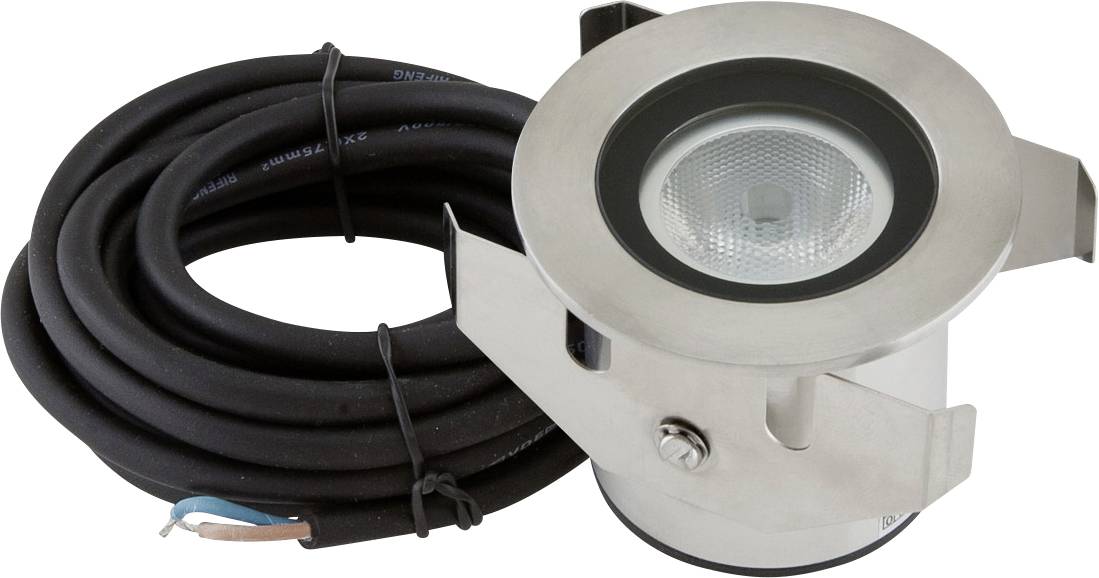 Eingelassener LED-Spot mit Metallblende und Befestigungshalterung, dargestellt mit angeschlossenem schwarzem Stromkabel.