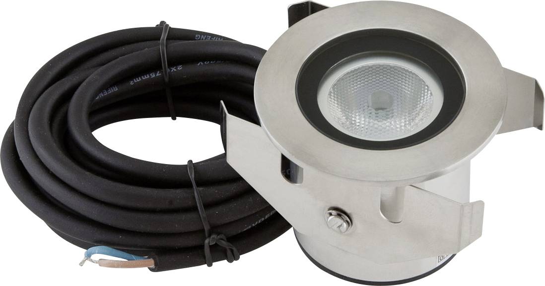 Runde, silberfarbene LED-Einbauleuchte mit Glasabdeckung, daneben ein aufgerolltes schwarzes Kabel mit offenem Ende.