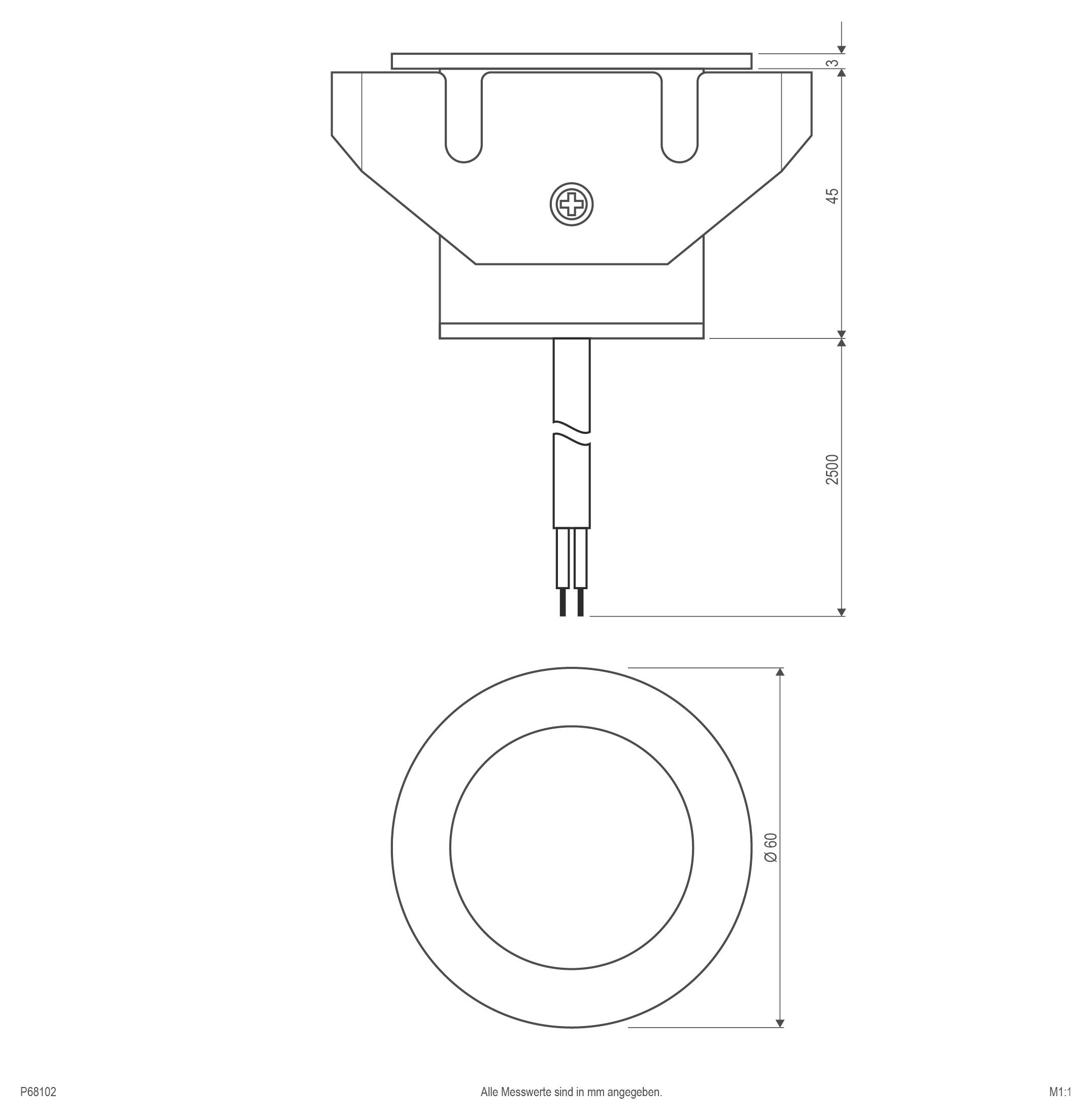 Technische Zeichnung einer kreisförmigen Leuchte mit Befestigungshalter, dargestellt in Seiten- und Vorderansicht mit Abmessungen: 680 mm Durchmesser, 230 mm Tiefe.