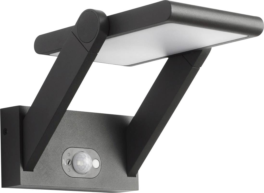 Schwarze, moderne Außenleuchte mit rechteckigem Schirm und integriertem Bewegungsmelder, an einer Wandhalterung montiert.