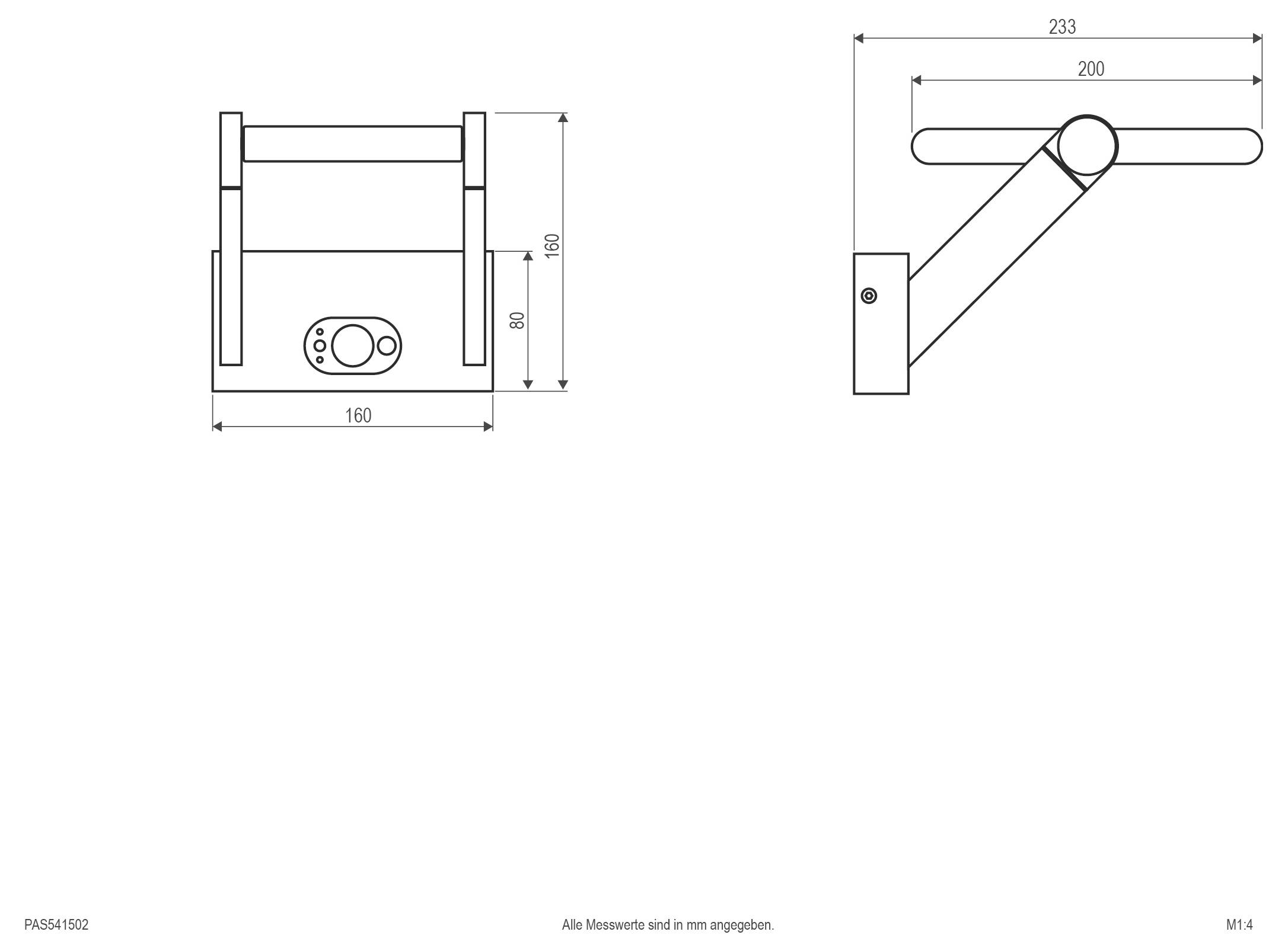 Technische Maßstabzeichnung einer wandmontierten verstellbaren Halterung, dargestellt in Front- und Seitenansicht, mit folgenden Beschriftungen: 160 mm breit, 160 mm hoch, 233 mm lang und 200 mm Armspannweite.