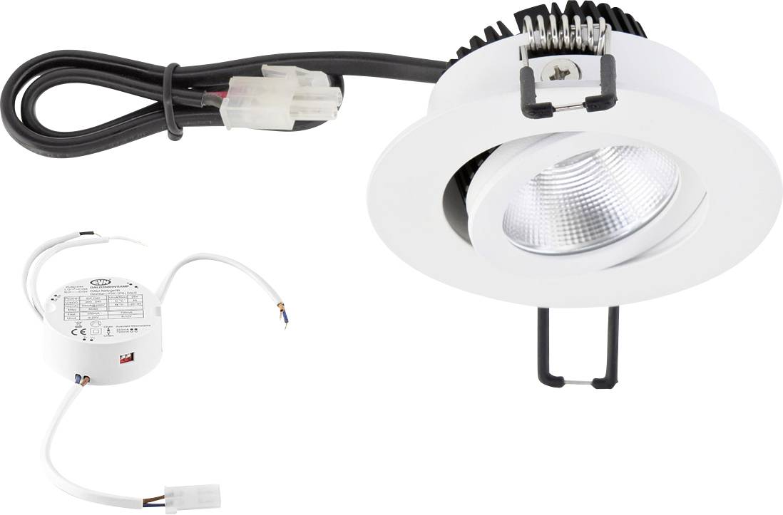 Runde, weiße LED-Einbauleuchte mit Kabel und Montageklammer sowie einem separaten Netzteil zur Stromversorgung.