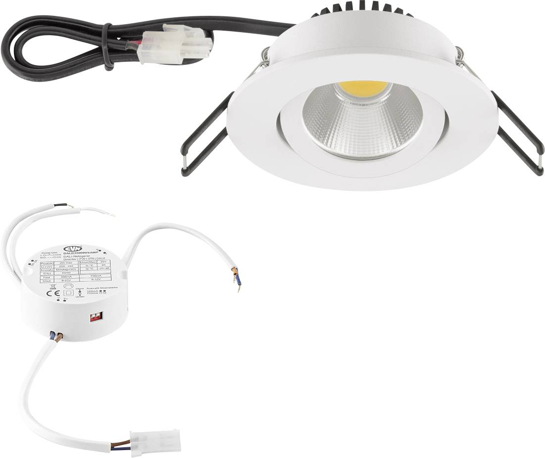 Weiße bündige LED-Einbauleuchten-Set mit rundem Rahmen, Federklemmen, Treibergehäuse und angeschlossenem Stromkabel auf weißem Hintergrund