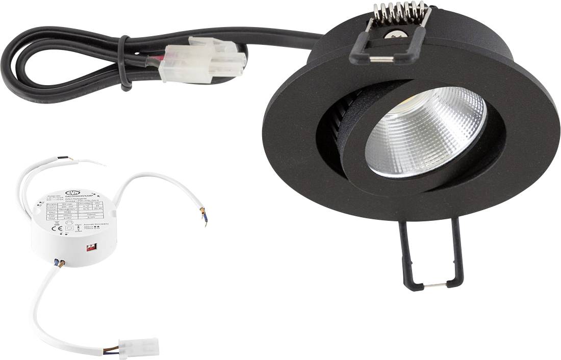 Schwarzer LED-Einbaustrahler mit Anschlusskabel und Treiber. Geeignet für Deckenbeleuchtung, bietet hohe Energieeffizienz und modernes Design.