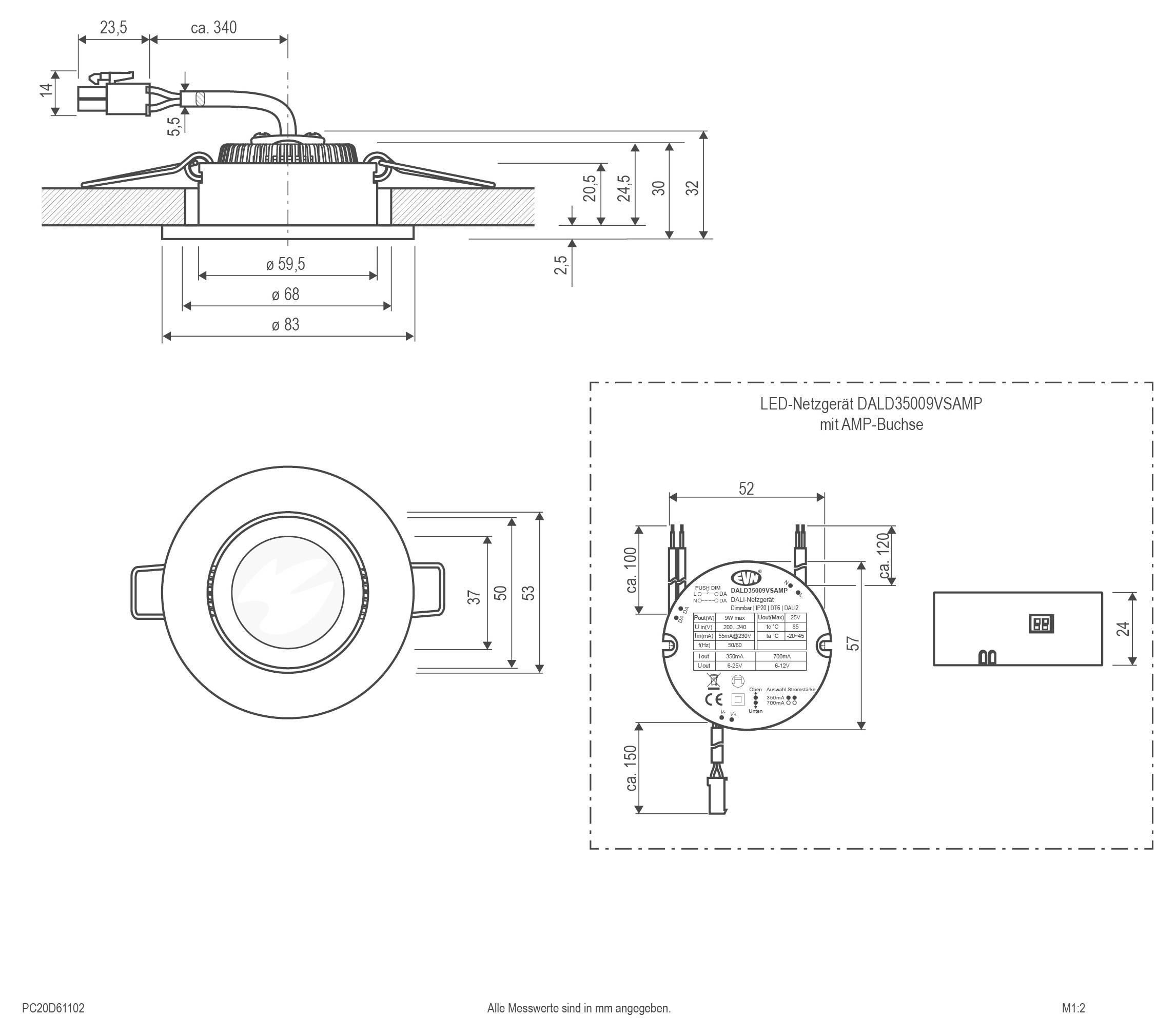 Technische Zeichnung einer runden, versenkt eingebauten LED-Deckenleuchte mit Seiten- und Draufsicht, die Abmessungen in Millimetern zeigt und ein umrahmtes Etikett mit der Aufschrift „LED-Netzgerät DALL35009V5AMP mit AMP-Buche