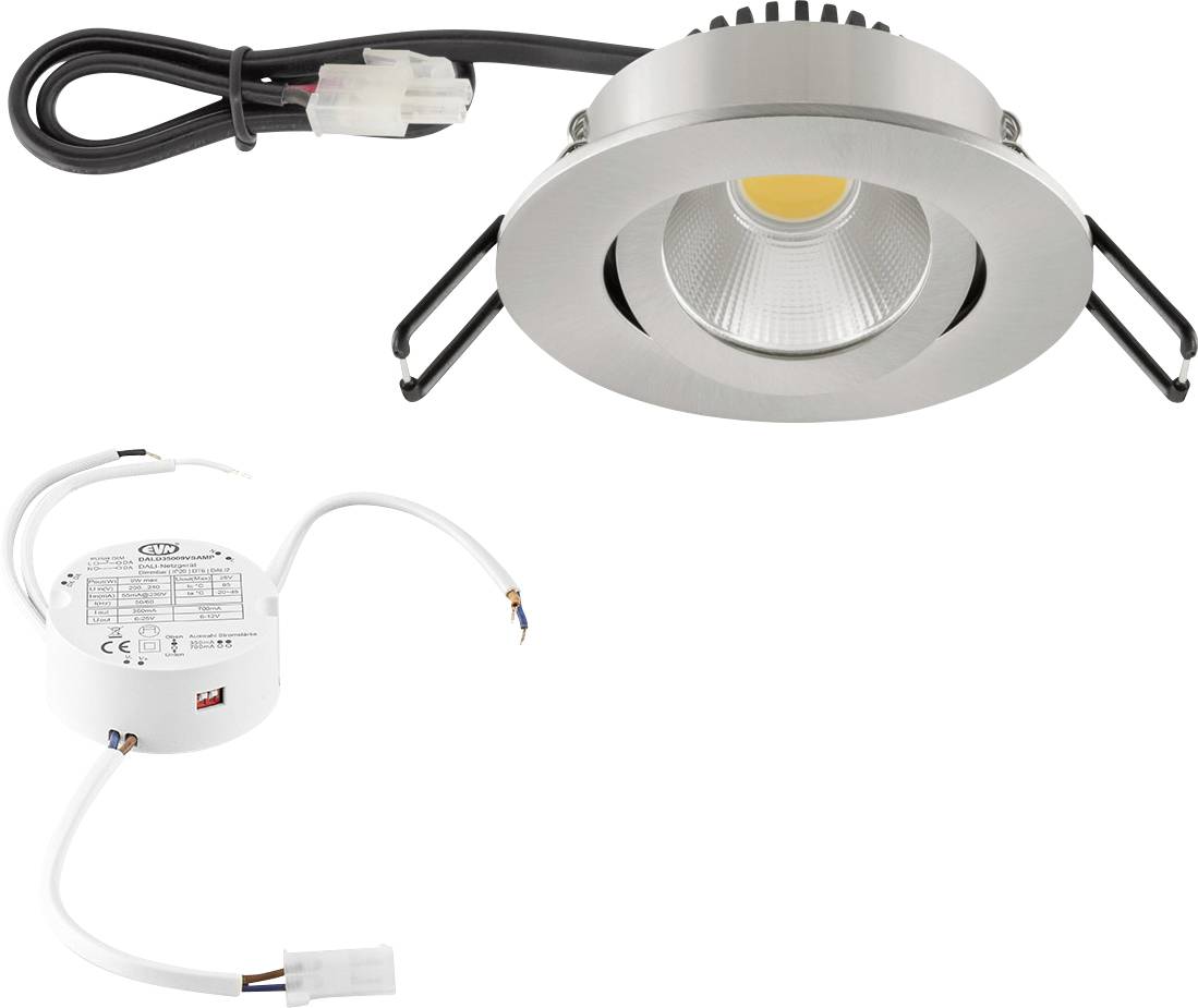 Eingebautes LED-Einbauleuchten-Set mit silbernem Rahmen, enthaltenem Stromkabel und separat auf weißem Hintergrund gezeigter Treibereinheit.