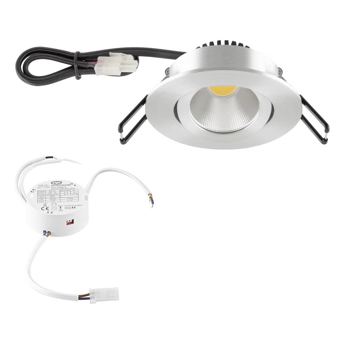 Ein rundes, silbernes LED-Deckeneinbaulicht mit integriertem Transformator, geeignet für energieeffiziente Beleuchtungslösungen.