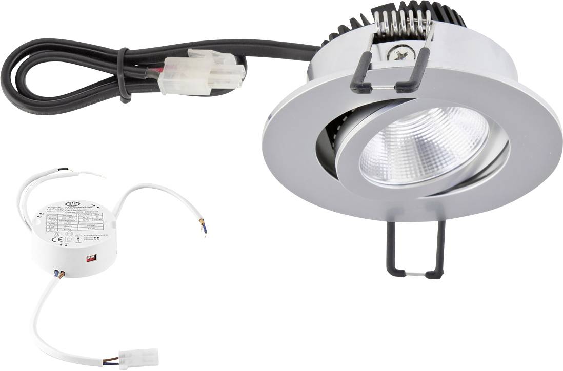Ein runder, verstellbarer Deckenstrahler mit LED-Lampe und Kabelanschluss, neben einem separaten runden Treiber mit Kabeln.