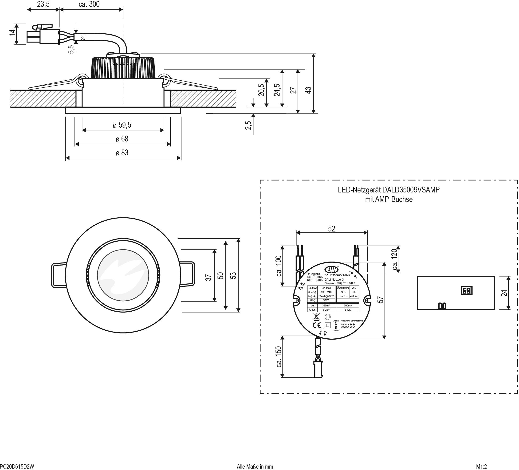 Technische Zeichnung eines LED-Deckenspots mit Maßangaben und Beschreibungen. Zeigt Draufsicht, Seitenansicht und LED-Netzgerät.