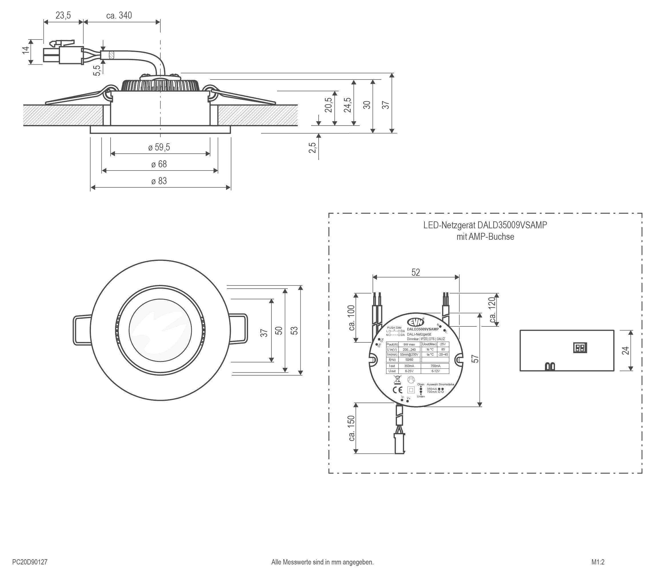Technische Zeichnung einer runden LED-Einbitleuchte mit Seiten-, Draufsicht und Montageansichten, mit Abmessungen in Millimetern und einer separaten Treibereinheit.
